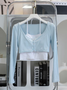 Yoga Clothes Womens Tops Running Sport Long Sleeve Pilates Workout Clothes Good-looking Fake Two-Piece Morning Running Training Wear