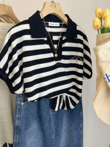 Black White Striped V-Neck Short Sleeve T-Shirt Womens Loose Fit Summer New Style Polo Collar Slimming Top Casual Wear