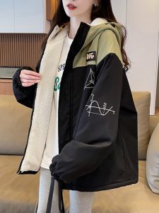 Womens Fleece Lined Thickened Autumn Winter Workwear Jacket Casual Style Windbreaker Cotton Coat Street Style Loose Fit