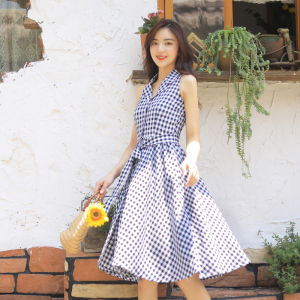 ชุดเดรสยาวลายสก็อตสีดำขาวคอโปโลเอวสูงไม่มีแขนกระโปรงทรงเอทรงเอ ชุดเดรสสไตล์ฮิปซีสำหรับฤดูร้อน