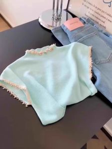 Unique Beautiful Mint Green Lace Trim T-Shirt Womens Fashionable Stylish Summer Top Dopaamine Short Sleeve round Neck