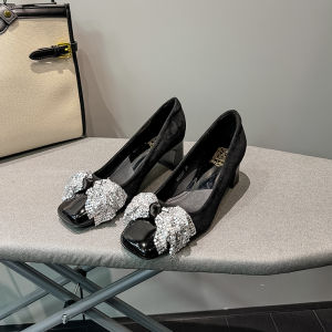 Elegant Square Head High Heels Womens Chunky Heel 2025 New Commuting Butterfly Knot Low Cut Single Shoes Fashionable Shoes