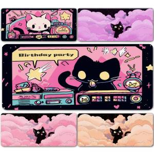 Bandai | Black Cat and Clouds Keyboard Mat Extended Mouse Pad with Stitched Edges Office Desk Protector Pink and Purple XXL