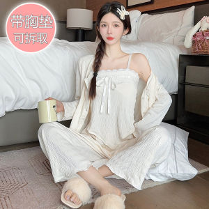 สไตล์เจ้าหญิง หวาน ฤดูใบไม้ผลิ ฤดูร้อน สายคล้อง ชุดสูทแขนยาวพร้อมแผ่นรองหน้าอก ลำลอง ทันสมัย น่ารัก ชุดสามชิ้นสําหรับผู้หญิง