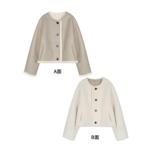 about Poem Double-Sided Wear PU Composite Woolen Womens Jacket Eco-Friendly Fur Coat Loose Fit Long Sleeve Korean Style