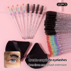 102PCEyelash Brushes&Triangle Powder Puffs Set Colorful Spoolies for Eyelash Extension Soft Velvet Makeup Puff for Face Cosmetic