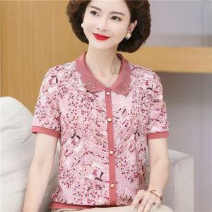 เสื้อผ้าคุณแม่มือใหม่เสื้อยืดปกแขนสั้นผู้หญิงผ้าไอซ์ซิลค์เสื้อ Sablon Bunga ย้อนยุคของผู้หญิงวัยกลางคนเสื้อยืดไซส์ใหญ่พิเศษ