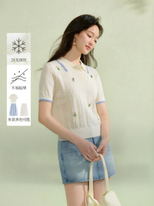 INMAN | Ice Silk Hollow Out Thin Knitted Polo Neck Short Sleeve Womens Summer New Style Casual Comfortable Soft Polyester Fiber Top