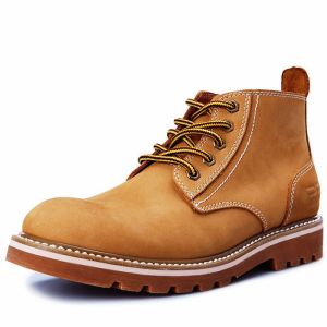 Pathfinder Mens Short Boots English Style Genuine Leather Marten Work Boots Yellow Boots High Top Outdoor Boots Rubber Sole