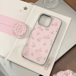 Korean Pink Rose Flowers Silver Edge Magnetic Bracket Phone Case for iPhone 17 Air 16 15 14 13 12 Pro Max Shockproof Hard Cover
