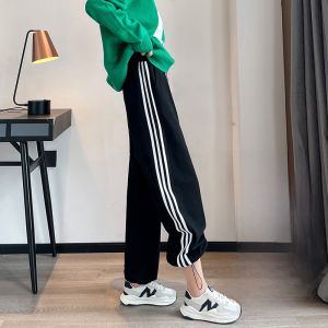 JIANGLU | Womens Three-Bar Drawstring Loose-Fit Wide Leg Sweatpants Autumn Winter Retro Style Two-Way Wear High Waist Long Pants
