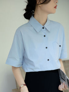 French Style Retro Short Sleeve Pure Cotton Blue Shirt Womens Summer Loose Slim Fit Shirt Work Clothing Business Clothing Interview Tops