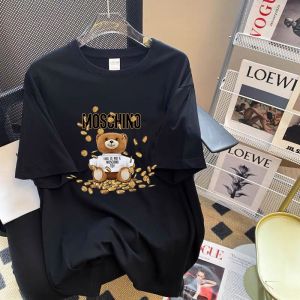 Pure Cotton Short Sleeve T-shirt for Women with Creative Cartoon Bear Printed Details Loose Fit Regular Collar Summer Wear