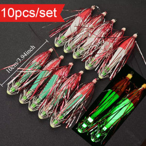10pcs Horizontal Squid Jig Egi Set 10cm Flash Tinsel Silk Luminous Glow Sea Cuttlefish Bait Saltwater Octopus Fishing Tackle Set
