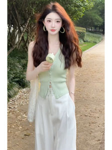 YUEZHONGWEI | Slim Fit Summer Wear Green V-neck Ice Silk Tank Top