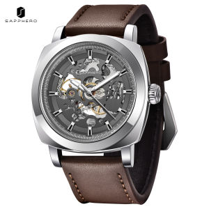SAPPHERO SO2224 Mens Automatic Mechanical Watch Skeleton Dial 5ATM Water Resistant Stainless Steel Case Black PU Leather Strap
