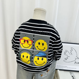Boys Long Sleeve T-Shirt Pure Cotton Base Layer Shirt Cartoon Print Striped Design Casual Spring Autumn Wear for Kids