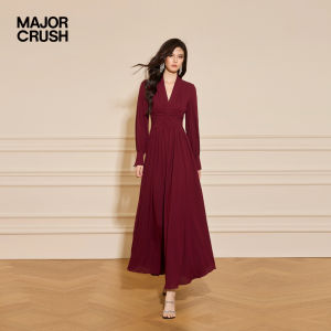 French Vintage Red V-Neck High-Waist Long Dress