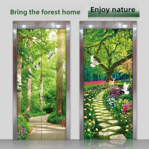 Green Bamboo Forest Scenic View Self-Adhesive Elevator Door Sticker PVC Material Modern Minimalist Style Home Decor Wall Decal
