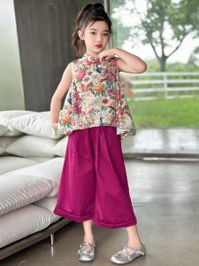 ชุดเด็กผู้หญิงสไตล์จีนฤดูร้อน กางเกงขายาวลายกางเขนสีม่วง ชุดสองชิ้น เสื้อผ้าเด็กสไตล์จีนแบบใหม่ ชุดเด็กผู้หญิง