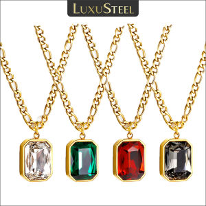 LUXUSTEEL Retro Colorful Square Crystal Pendant Necklace For Women Stainless Steel Figaro Chain Green White Red CZ Wedding Gift