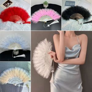 ROLL Handmade Feather Fan with Pendant Lolita Hand Held Fan Fashion Feather Folding Fan Girls Women