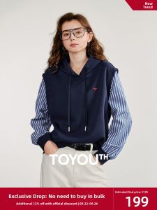 Toyouth | Womens Faux Two-Piece Striped Air-Cotton Embroidered Long Sleeve Hoodie