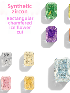 Mixed Color Synthetic Gemstone Ice Flower Cut Zirconia Naked Diamond High Carbon Rectangle Bevel Ring Face Jewelry