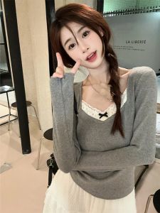 Womens Long Sleeve T-Shirt Lace Patchwork Thickened Velvet Flocking Inner Wear Slim Fit V-neck Short Style Commute Fashion