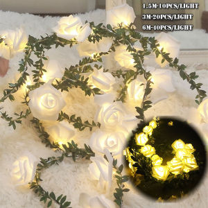 1.5/3/6M LED Rose Flower Lights Decorated with Green Leaves Battery Power INS Style Fairy Lights Indoor Outdoor Bedroom Decoration Lamp for Holiday Wedding Party or Christmas Light