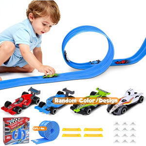 Plastic Flexible Race Car Track for Kids Toy with 12 Suction Cups &4 Yellow Gasket Compatible with 4 Alloy Diecast 1:64 Cars