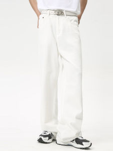 กางเกงยีนส์ทรงตรงขาบานสีขาวสำหรับผู้ชาย Cleanfit กางเกงขายาวทรงหลวมสไตล์อเมริกันไฮสตรีท กางเกงยีนส์ทรงหลวมสำหรับผู้ชาย