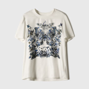 Silk Mixed Blue and White Butterfly Print T-Shirt
