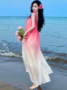CHANGTONG | Beach Vacation Style French Elegant Gradient Color Chiffon Dress Dopaamine Super Beautiful Strap Long Skirt High Waist A-Line