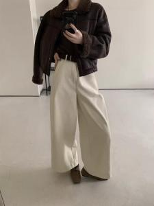 กางเกงขายาวทรงตรงเอวสูงผ้าขนสัตว์หนาสไตล์เกาหลีสำหรับผู้หญิง ฤดูใบไม้ร่วง/ฤดูหนาว กางเกงขายาวทรงตรงลำลอง