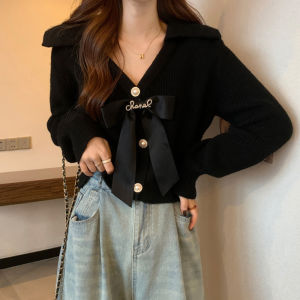 Red Christmas Knitted Sweater with Bow Tie Short V-Neck Open Cardigan French Style Top for Autumn Winter Fashionable Loose Fit