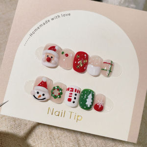 Handmade Christmas Design Nail Art Stickers Cute Cartoon Wearable False Nails Detachable Short Square Shape Nail Tips