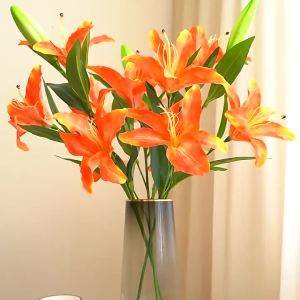 Simulation 5 Heads Long Lily Artificial Flower Fake Lily Bouquet for Wedding Home Hotel Restaurant Office Outdoor Garden Decor