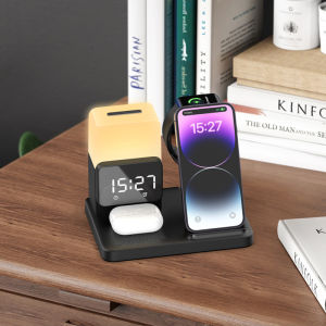 5 in 1 Magnetic Wireless Charging Stationwith Alarm and Night Light18W Fast Charging StandPhoneSmartWatchEarbuds Desk Charging Dock