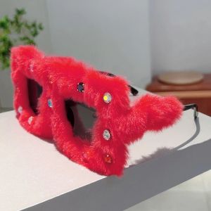 KAMMPT Square Furry Sunglasses with Rhinestones Women Fashion Oversized Winter Shades Trendy Stylish Original Design Sun Glasses