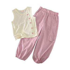 Menoea Baby Girl New Summer Clothing Set Solid Color Button Decoration Sleeveless Vest+Pink Casual Pants 3-7 Years Children Wear