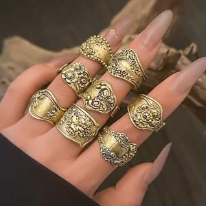 Ingemark | Ingemark 8Pcs Vintage Silver Color Adjustable Open Rings for Women Goth Carved Flower Metal Rings Engagement Wed Jewelry Gift