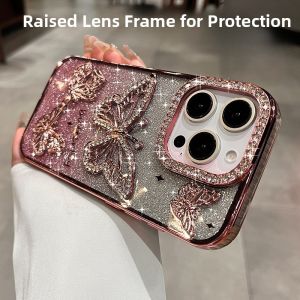 Luxurious Glitter Butterfly Phone Case for Apple 16Promax New iPhone 15Pro Womens Full Cover Electroplated Silicone Protective Shell