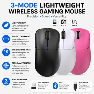 HXSJ | HXSJ Lightweight Ergonomic Gaming Mouse BT5.3/2.4G/USB-C Wired 1000Hz Smooth Precise Control for Windows Mac Laptop PC