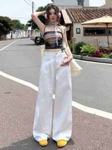 Quần Jeans Denim Ống Rộng Cạp Cao Màu Trắng Cho Nữ Quần Dài Đến Sàn Ôm Dáng Mùa Hè Quần Jeans Denim Ôm Dáng Cao Cấp