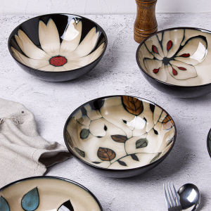 Bai Xun ชุดรับประทานอาหารเซรามิกสไตล์อเมริกันคันทรีชามซุปลายใบไม้แครนเบอร์รี่เคลือบสีชามราเมนชามใส่อาหารจานร้อนชามใส่ข้าว