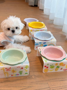 Ceramic Acrylic Pet Bowl Cat Dog Food Water Dish High-Arched Spine Protection Anti-Flip Cartoon Pet Dining Table