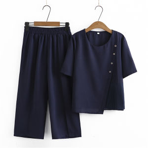 Fashionable Summer Outfit Set for Middle-Aged Women Elegant Short-Sleeve Chiffon T-Shirt Top Thin Summer Clothes round Neck Two-Piece Set