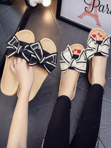 Linen Slippers Womens Indoor Home Shoes Soft Bottom Anti-Slip Lightweight Silent Summer Fashion Butterfly Knot Slip-On Sandals