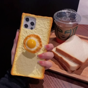 3D Simulation Toast Phone Case for iPhone 11 12 13 14 15 Pro Egg Folding Bracket Bread Soft Silicone Cover for iPhone 16 Pro Max